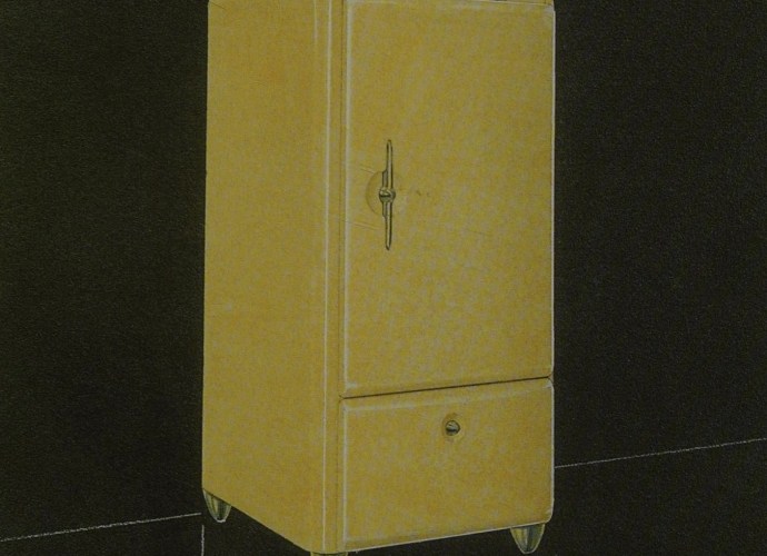 Vintage Coldspot Super Six refrigerator in a yellow finish, featuring a streamlined mid-century design with a distinctive chrome handle and tapered legs.